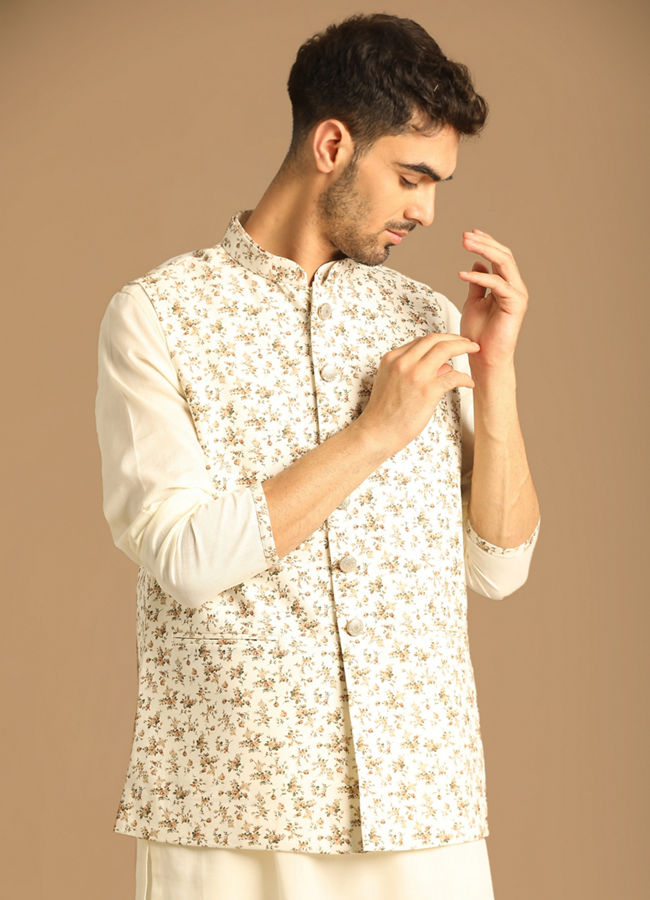 alt message - Manyavar Men Sea Shell White Kurta Jacket With Floral Work image number 0